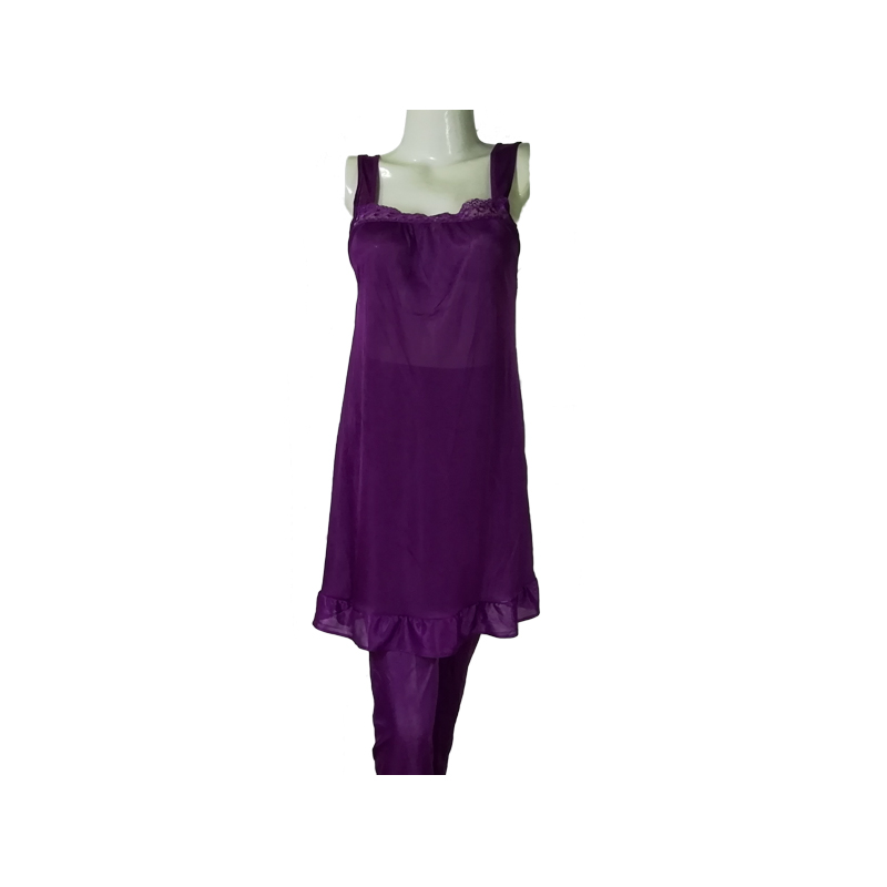 3 Piece Silk Night Suit - Purple -1
