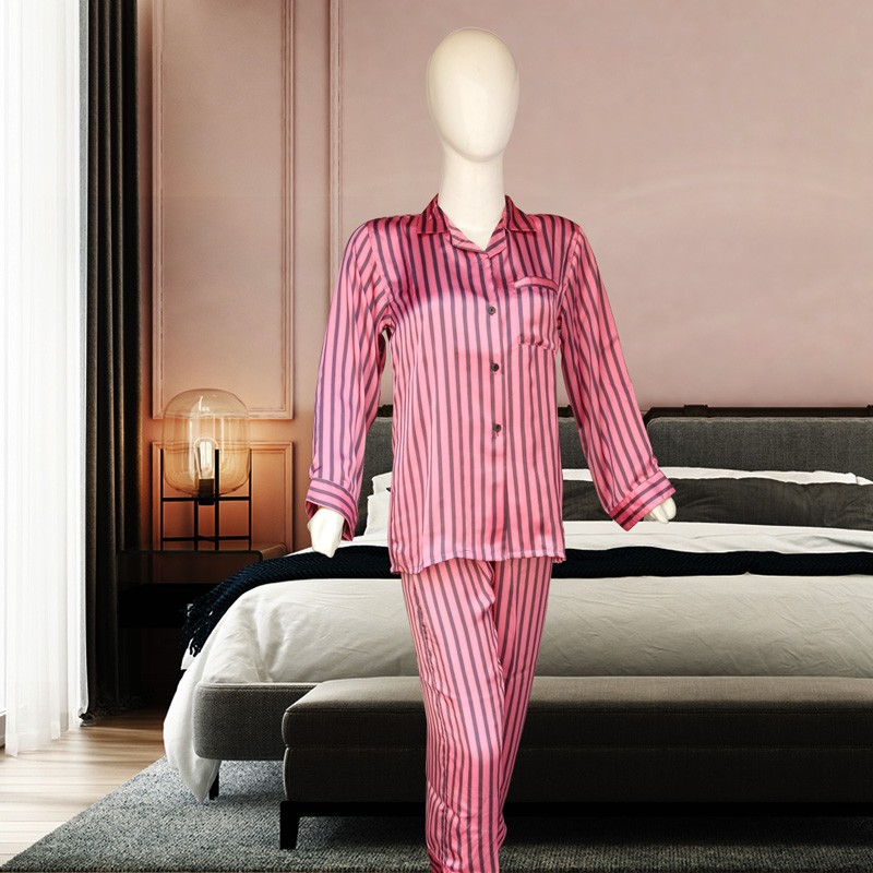 Black & Pink Striped Silk Pajama Set For Women 