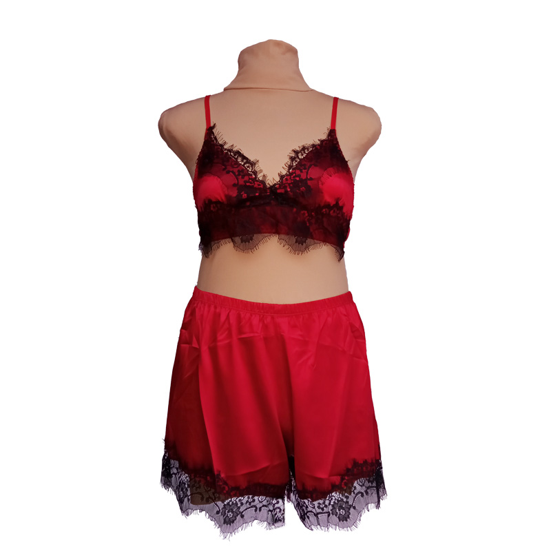 Sexy Red Satin & Eyelash Lace Open Cup Lingerie Set